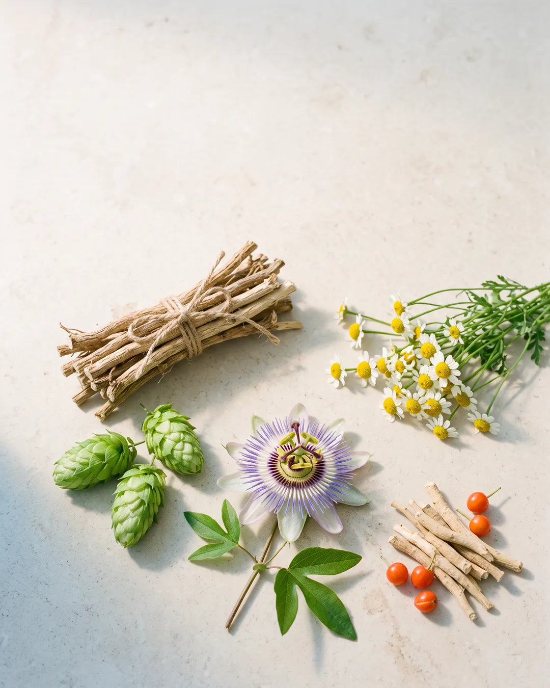 Valeriana, lúpulo, manzanilla, pasiflora y ashwagandha sobre piedra