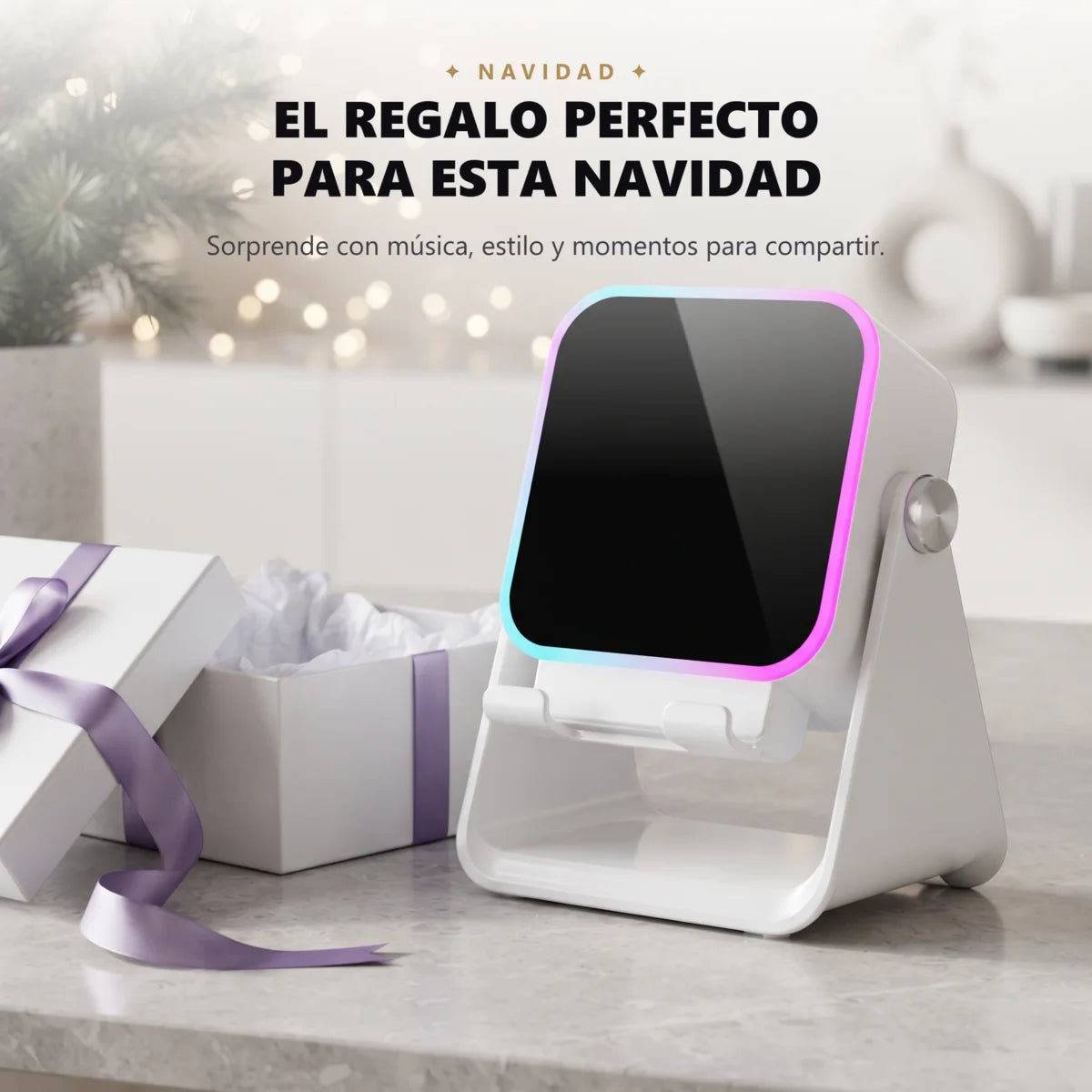 El regalo perfecto para esta Navidad: VYBRA blanca junto a una caja de regalo