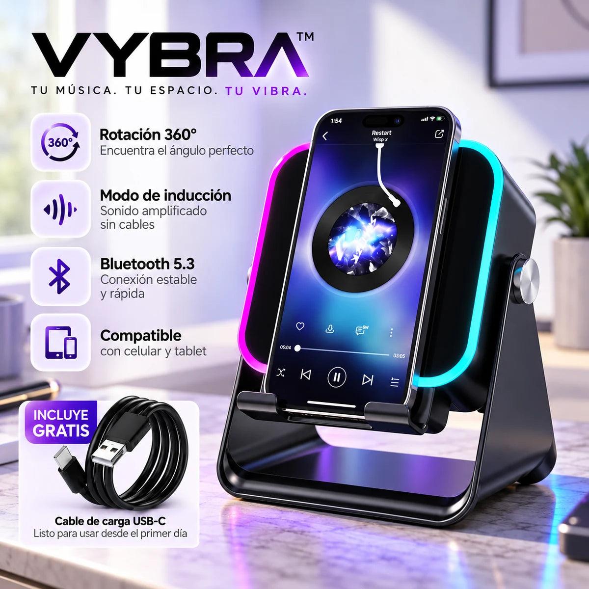 VYBRA bocina RGB negra con un celular colocado: rotación 360°, modo de inducción, Bluetooth 5.3, compatible con celular y tablet, incluye cable USB-C