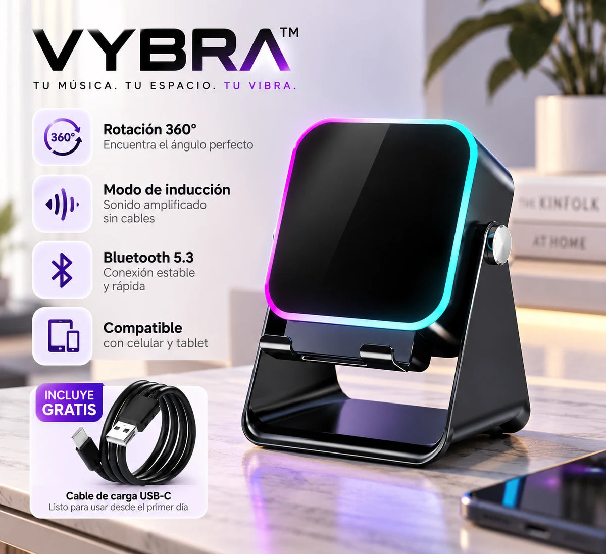 VYBRA bocina RGB negra: rotación 360°, modo de inducción, Bluetooth 5.3, compatible con celular y tablet