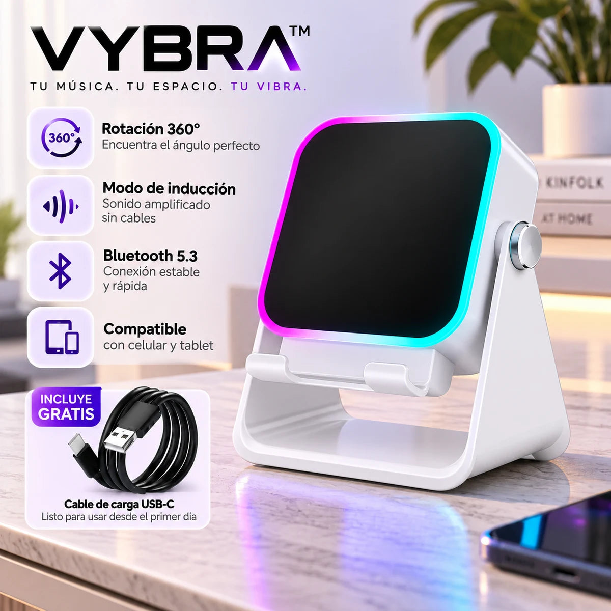 VYBRA bocina RGB blanca con soporte: rotación 360°, modo de inducción, Bluetooth 5.3, compatible con celular y tablet, incluye cable USB-C
