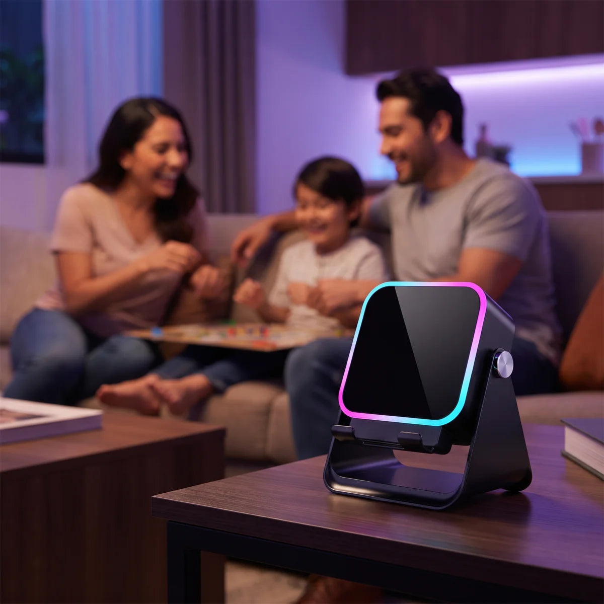 Familia jugando en la sala de noche con VYBRA encendida en la mesa auxiliar