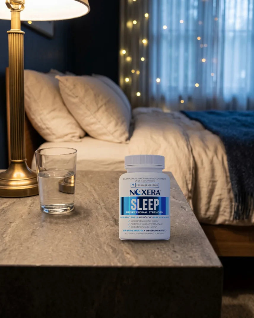 NOXERA en la mesa de noche junto a un vaso de agua