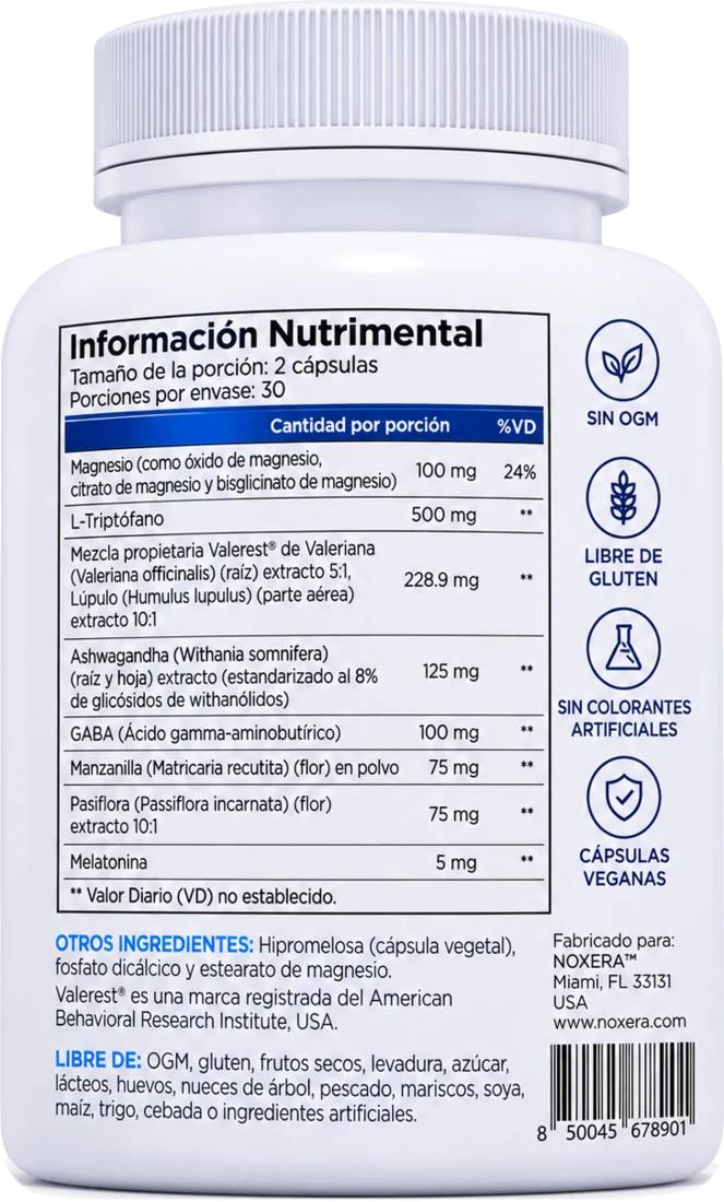 Reverso del frasco NOXERA SLEEP con la información nutrimental