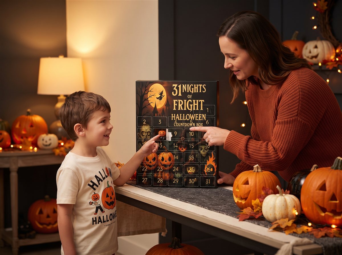 Parent and child pointing to a numbered door on the BooBoX countdown box in a decorated Halloween entryway