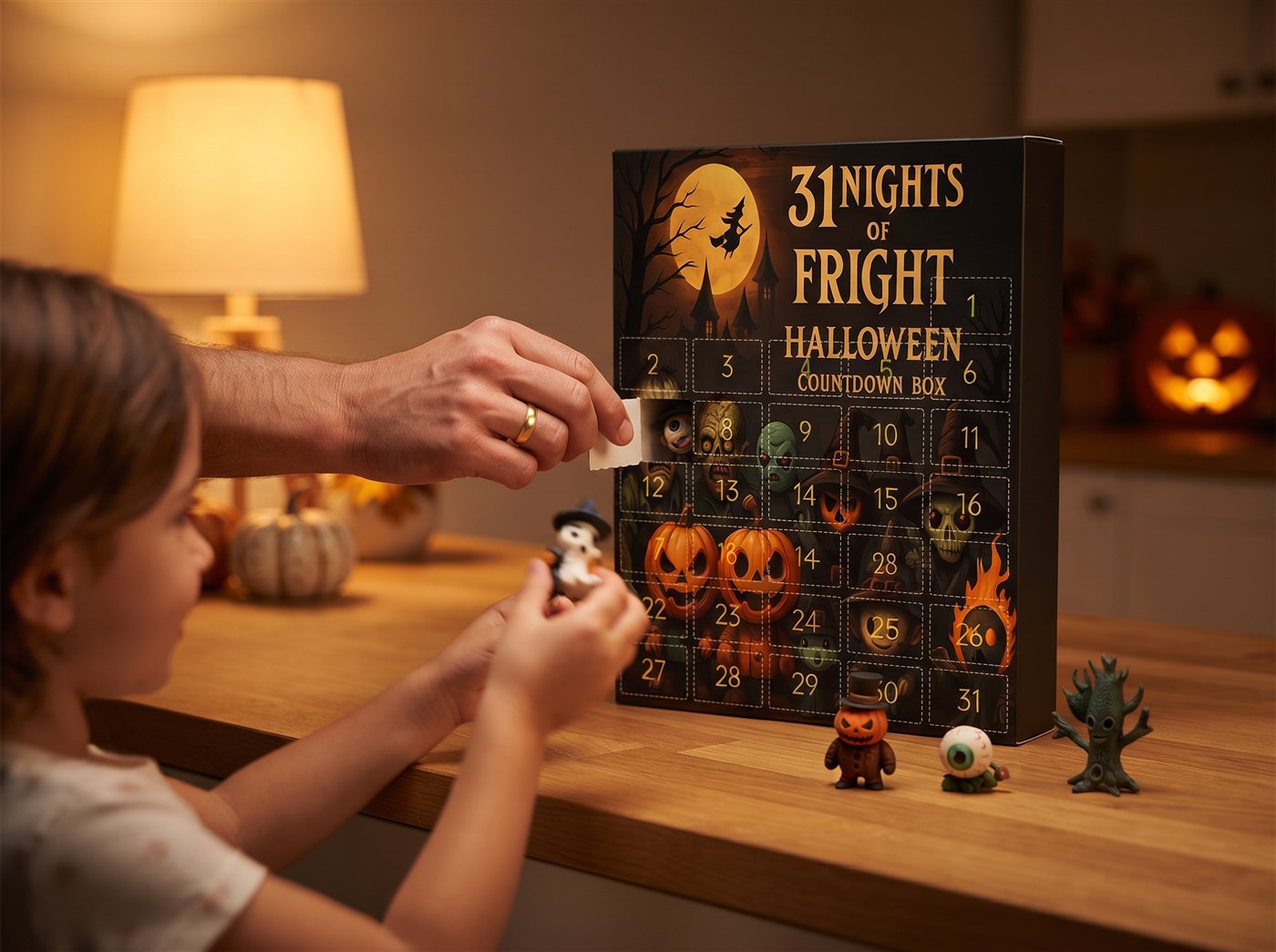 Family opening a BooBoX Halloween countdown surprise together