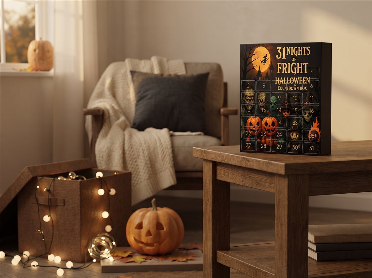 Halloween decorations being packed away while the untouched BooBoX countdown box sits on a side table