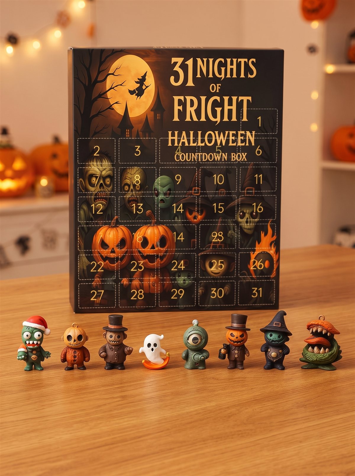 BooBoX countdown box with several collected Halloween mini figures lined up in front