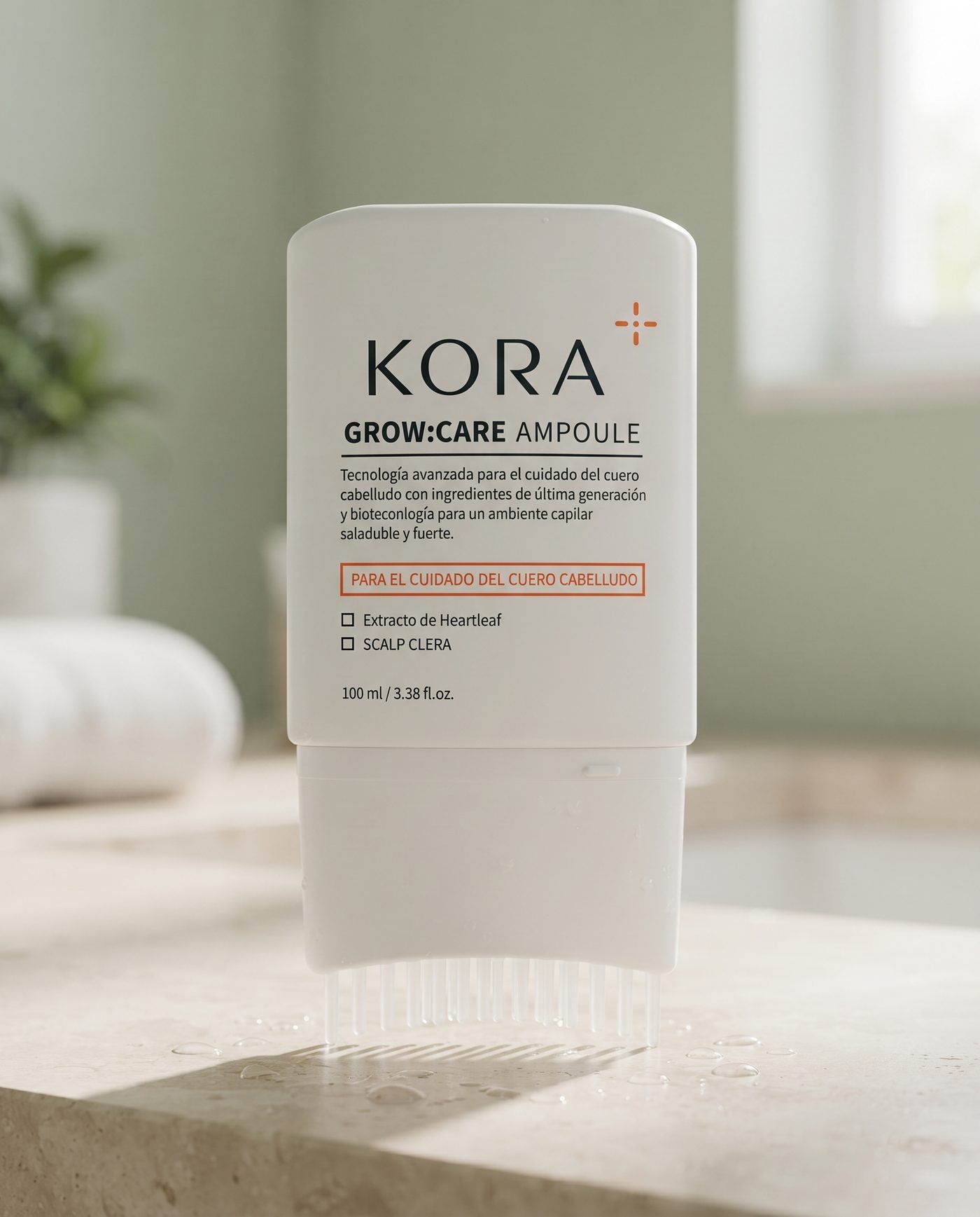 Frasco de KORA Grow:Care Ampoule de pie sobre una superficie de baño